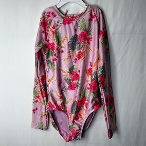 Art Class Pink Floral Girl’s Onepiece Swimsuit Rashguard Long Sleeve Size 10-12